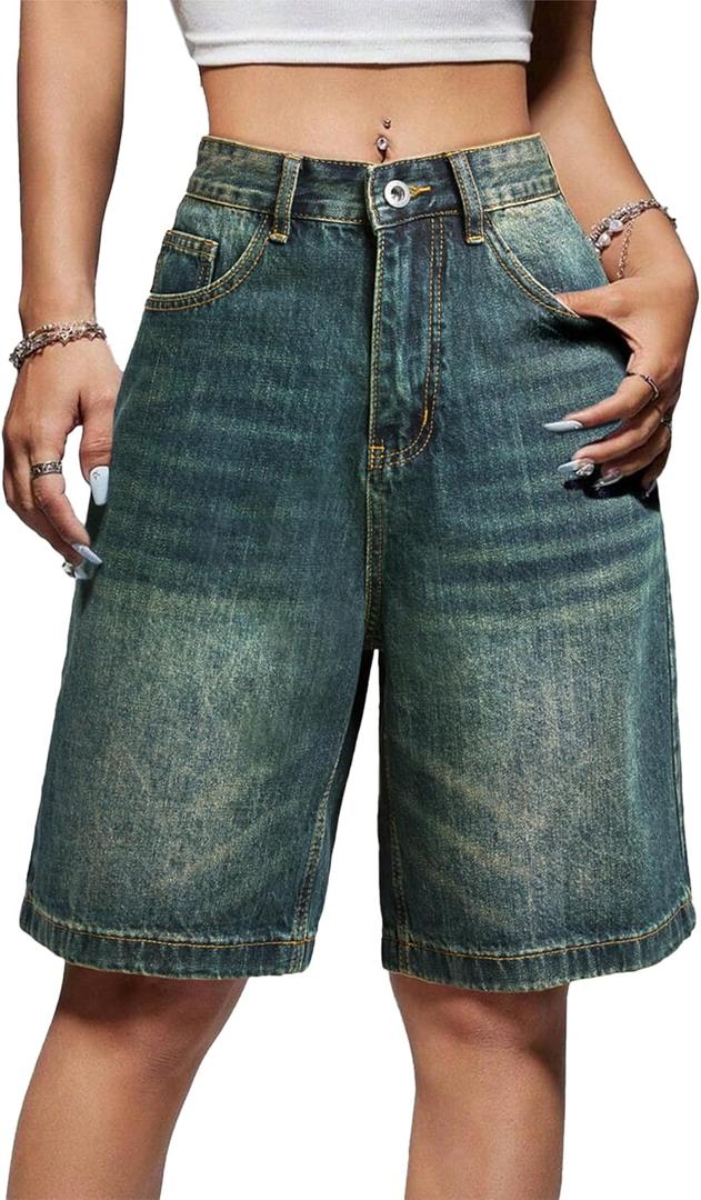 EMMIOL Women Jorts Baggy Jeans Shorts Mid-Low Waisted Denim Y2K Hip-Hop Shorts Summer Hot Short Pants Streetwear (M)