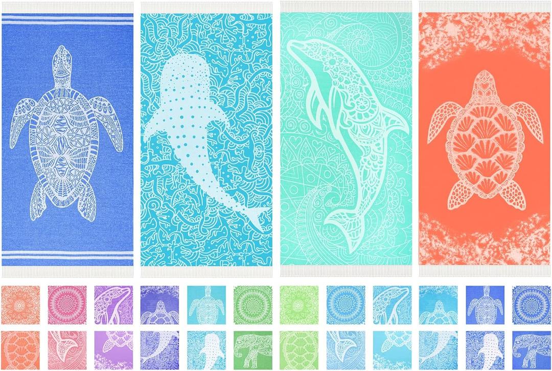 Thin Turkish Beach Towel Lightweight Quick Dry Absorbent Cotton Bathroom Bath Pool Swim Towels Extra Large Oversized Sand Free Beach Accessories Essentials Cloud Gifts for Adult (X-Large(79 x 36 inches,200 x 90 cm), 4 Pack Dark Blue Turtles)