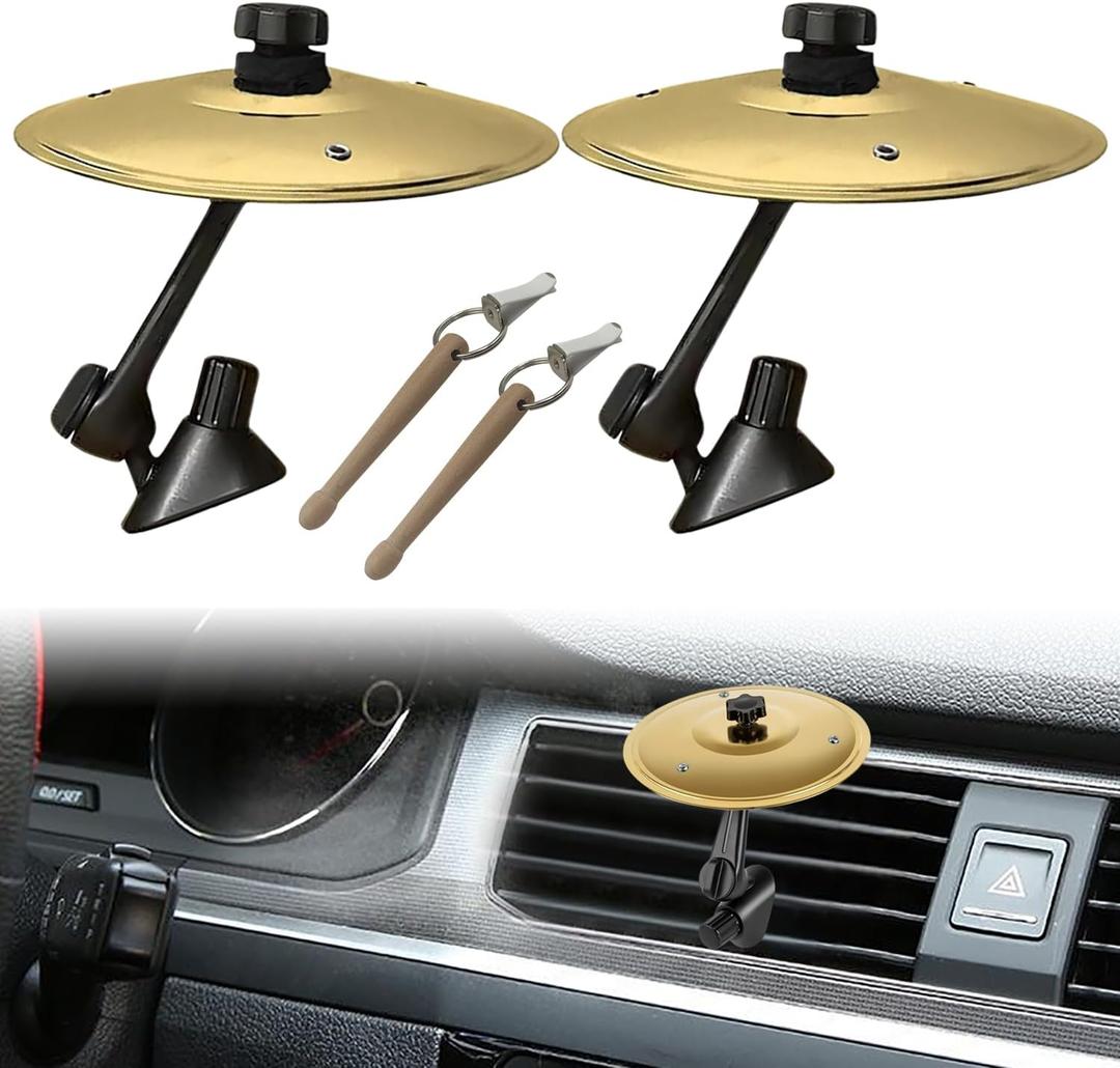 2 Pack Car Cymbal Air Vent, Mini Car Drum Set with Stick, Fun Musical Car Accessory for Drummers & Music Lovers, Durable Cymbal for Car Vent, Fits Most Vehicles (Gold)