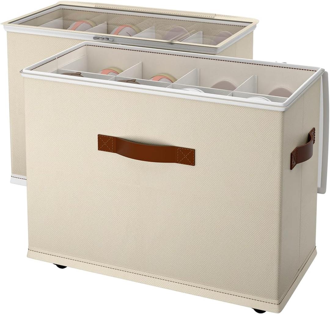 2 Pack Shoe storage Organizer for closet with wheels,No Assemble Required Shoe boxes with premium waterproof materialAdjustable Dividers Fits 16 Pairs,shoe Storage Bins with Reinforced Handle