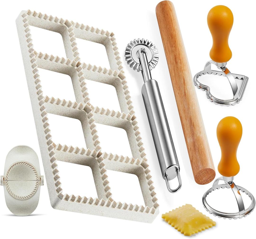 Ravioli Maker Press, Ravioli Stamp Maker - Heart Round Squares - 1.85" Squares Ravioli Stamp Maker Cutter with Wood Rolling Pin, 2.6" Empanada Maker Press Kit and Ravioli Wheel, Makes 8 Ravioli