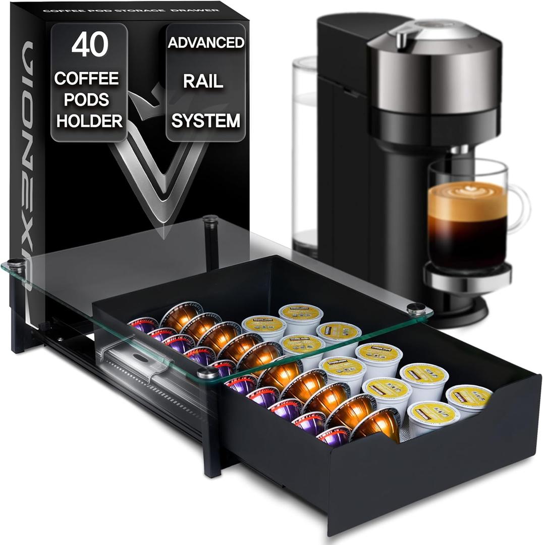 Coffee Pod Holder with Rail Drawer Compatible with Nespresso Vertuoline and K-cups Capsule - 40 Pods Capacity Tempered Glass and Anti-Slip Base Metal Coffee Pods Organizer 16.14x11.81x3.94