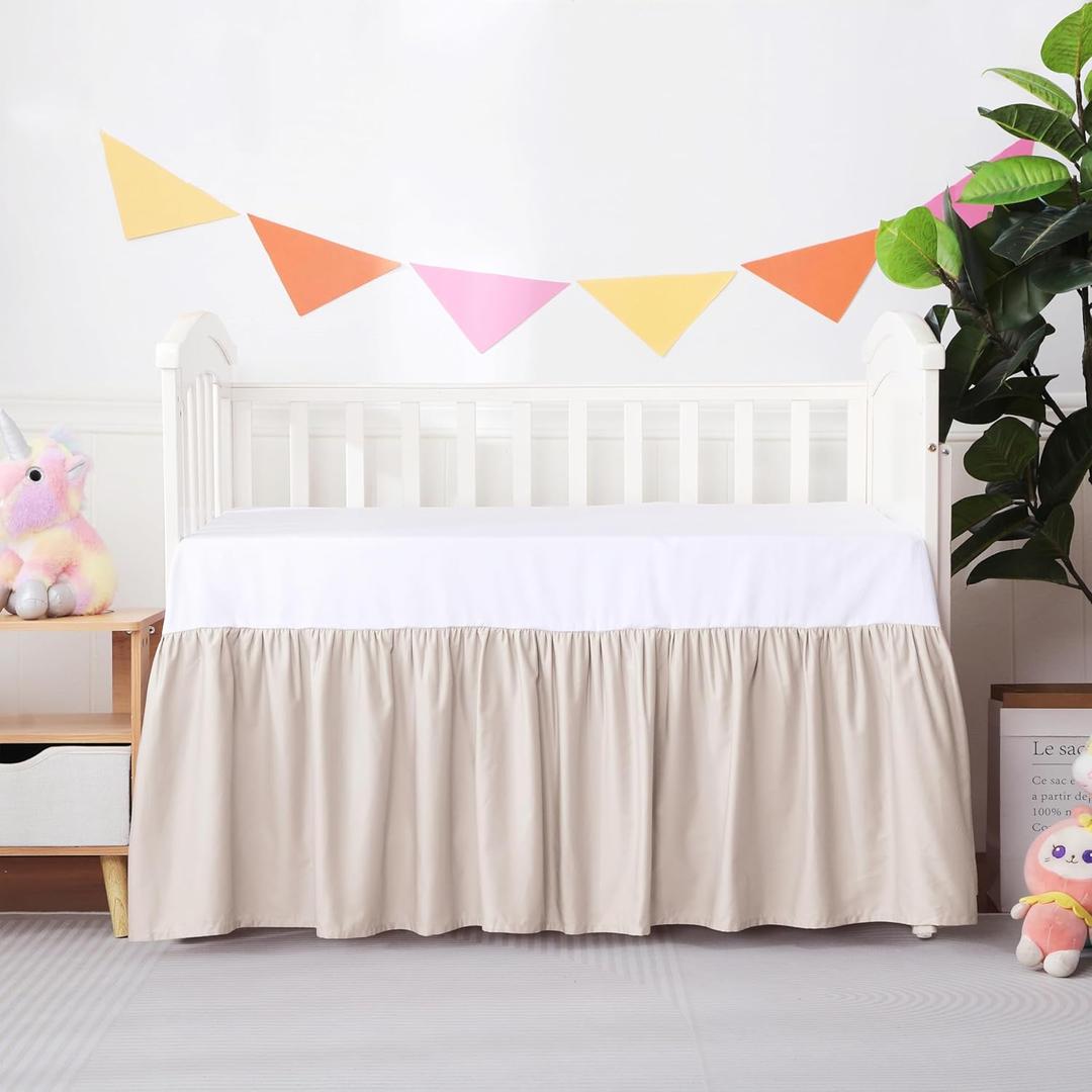 Crib Skirt Dust Ruffle, 100% Egyptian Cotton 400 Thread Count Soft Breathable Crib Bedding Skirt for Baby, Boys and Girls, 52"X28" with 14" Crib Bed Skirt Fading Resistant (Ivory)