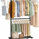 Retractable Clothes Rack on Wheels, Standard 50" L Double Clothing Garment Rack with Mesh Shelves, Rolling Adjustable Portable Wardrobe Rack for Bedroom, Laundry Room, Black