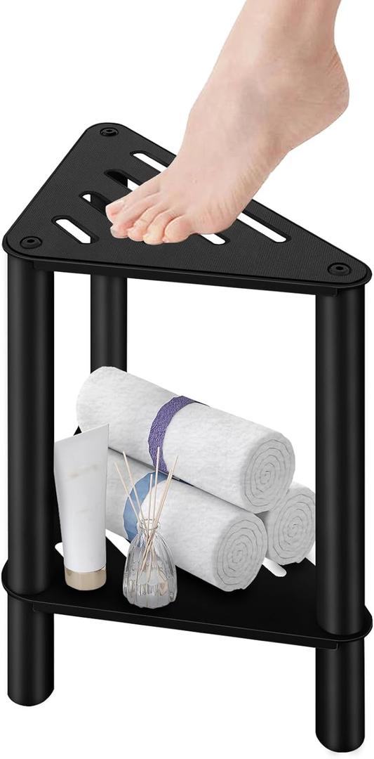 Shower Foot Rest, Shower Stool for Inside Shower, Stainless Steel Waterproof Shower Stool for Shaving Legs - Corner Bathroom Bench Seat with Storage Shelf for Small Shower Spaces (Triangle-black)