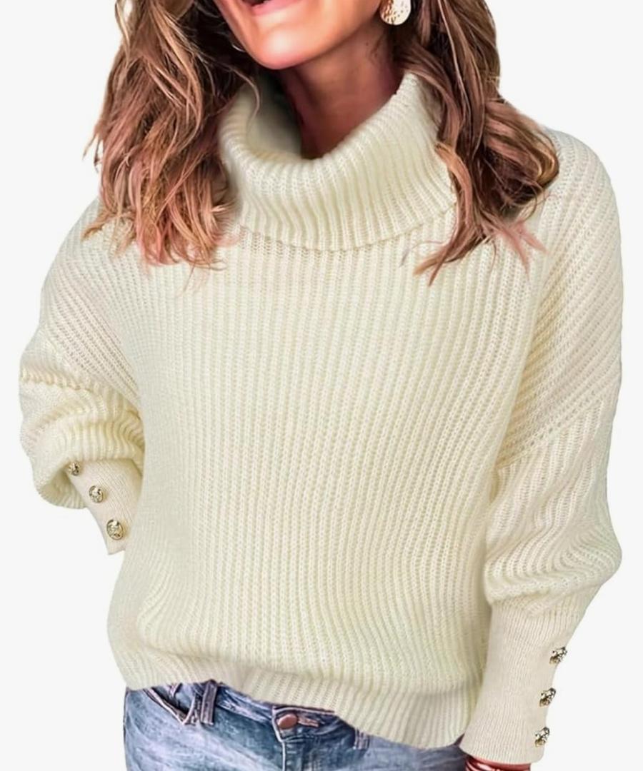 Women's Dressy Oversized Turtleneck Sweaters Fall 2024 Casual Winter Ribbed Knit Button Long Sleeve Pullover Sweater S