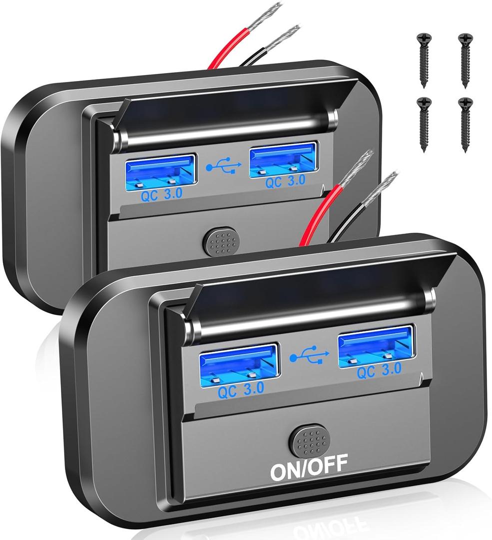 2 Pack 12V USB Outlet Dual Quick Charge 3.0 Car USB Ports: 12 Volt Power Outlet USB Panel Wall Mount Car Charger Socket for Marine RV Motorcycle Boat Car Truck, etc. (Surface Mount Installation)