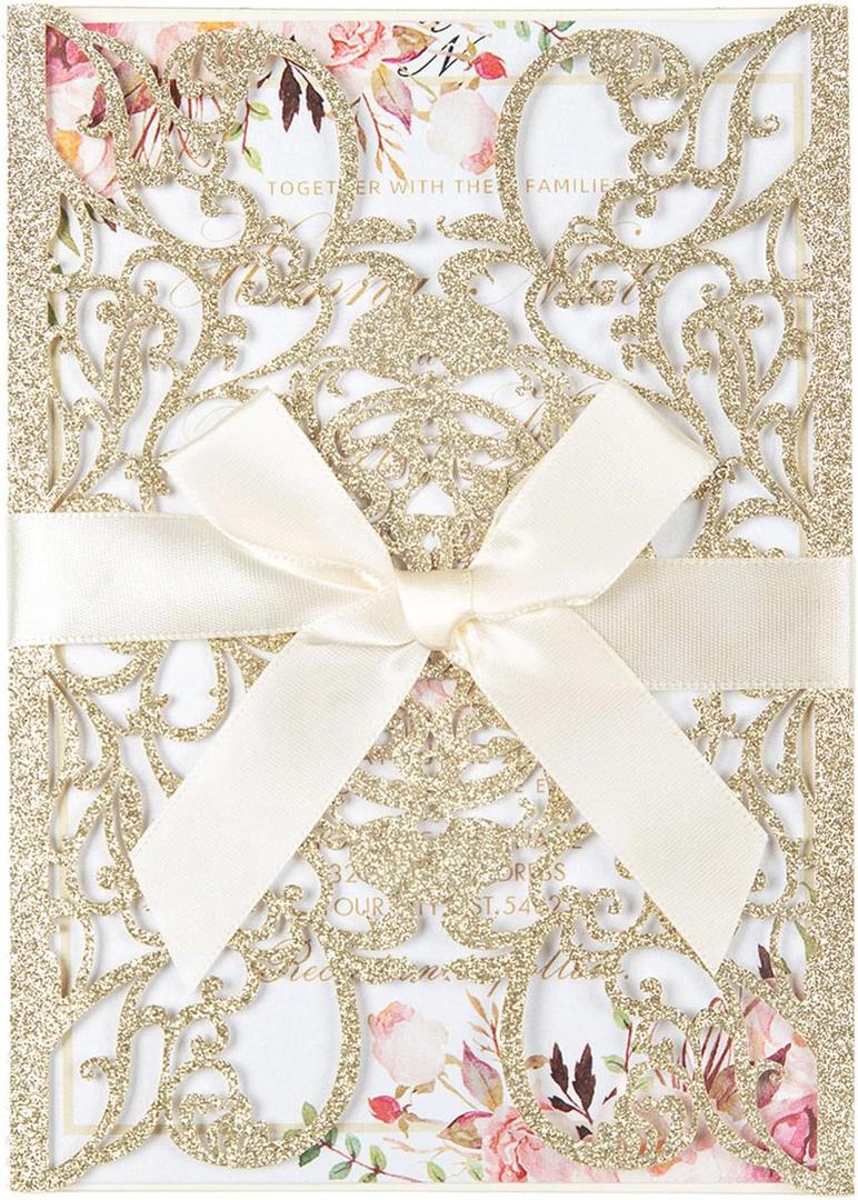 50pcs Gold Glitter Laser Cut Invitation Pocket Blank Wedding Invitations with Envelopes And Rsvp Cards Ribbons for Wedding Quinceanera Bridal Shower Engagement Party Invite