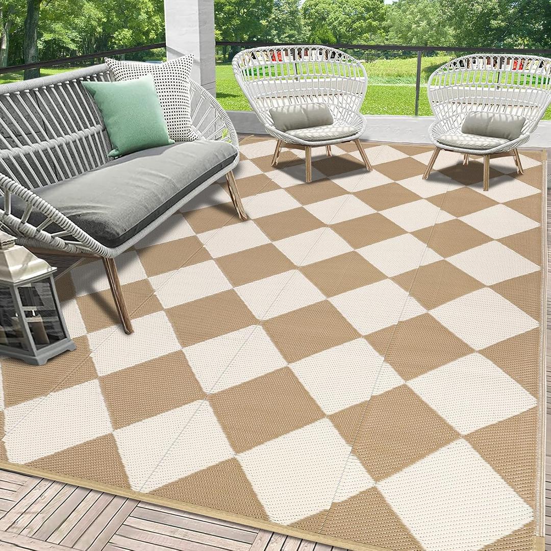 HEBE Checkered Outdoor Rug Waterproof 5x8, Reversible Plastic Straw Rug RV Camping Rug, Indoor Outdoor Patio Mat Clearance, Outside Carpet for Porch,Deck,Camper,Balcony,Backyard,Picnic