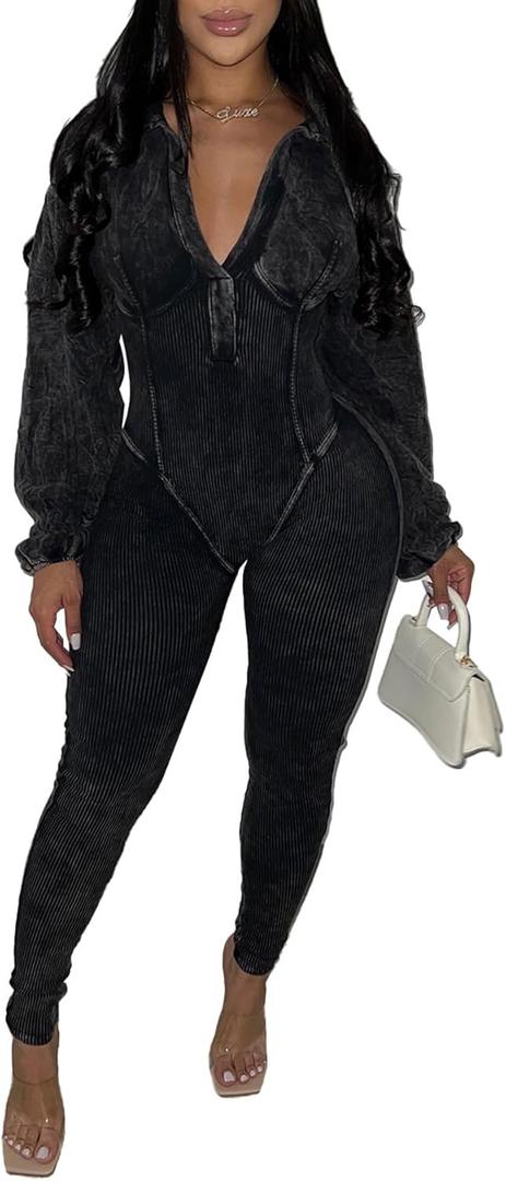 NRTHYE Women's Sexy One Piece Jumpsuit V-Neck Long Sleeve Casual Washed Ribbed Bodycon Corset Romper Club Outfits (Large, 01black)