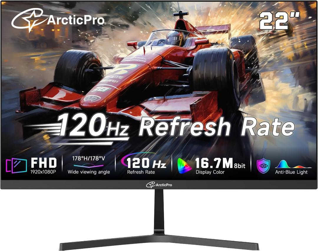 ArcticPro 22 inch 120Hz Monitor, Full HD (1920 x 1080p) Computer Monitor, 99% sRGB, 4000:1 Contrast, 3-Sided Frameless, Ultra Slim, VESA, LowBlue Mode, Tilt Adjust, HDMI *1, VGA*1