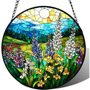 Stained Glass Window Hanging, Wildflowers Plant Scenery Suncatcher for Door Home Decor,Valley Sunrise Sun Catcher Ornament Mother's Day Birthday Gifts for Women Men Mom 6.3 in