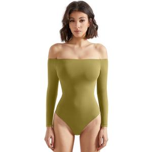 SUUKSESS Women Off the Shoulder Long Sleeve Bodysuit Double Lined Thong Bodysuit (Large, Olive)