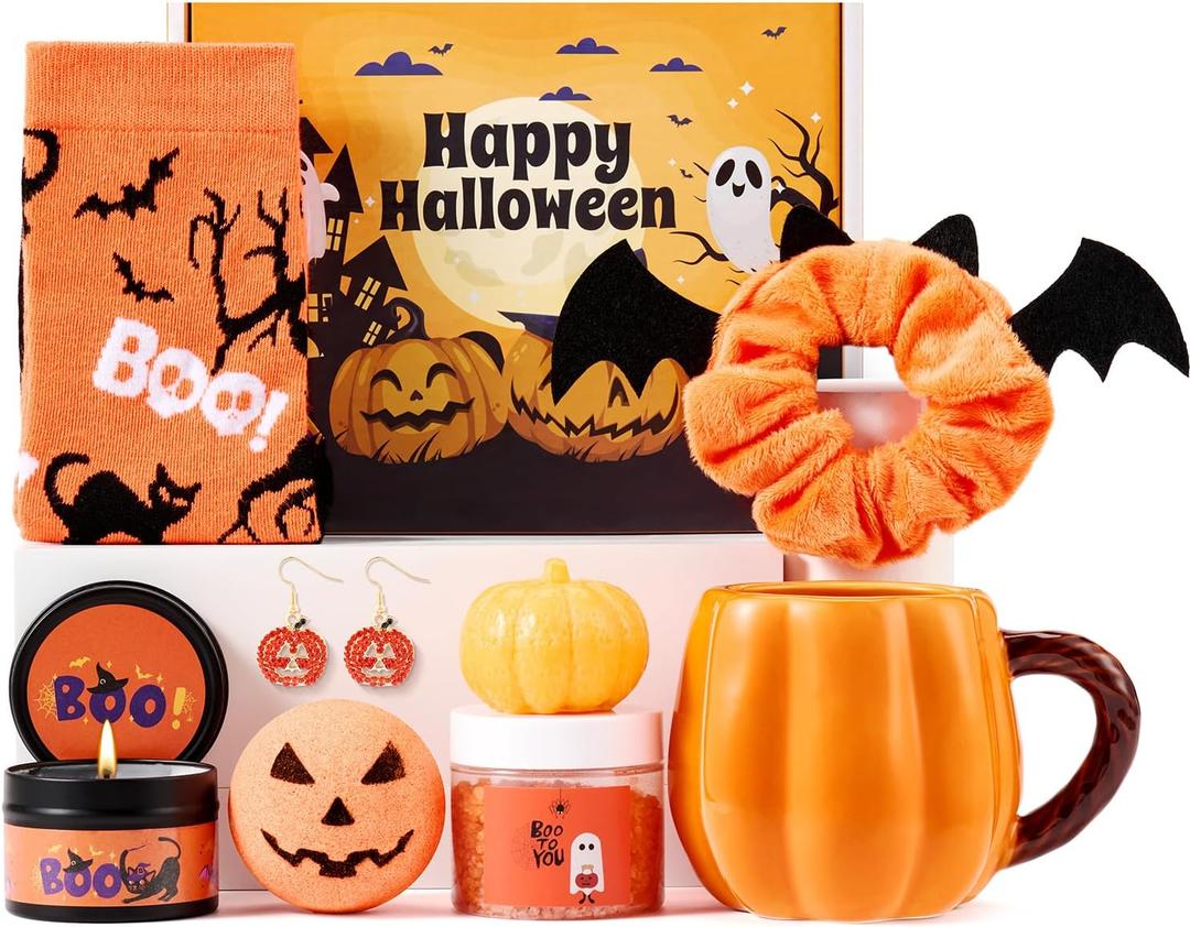 Boo Basket Stuffers for Women Teen Girls, Halloween Gifts for Teens Adult with Pumpkin Mug Halloween Socks and Self Spa Gift for Family Friends