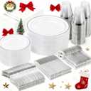 GATHER 350PCS Silver Plastic Plates - White and Silver Disposable Plates for 50 Guests Includes 50 Dinner Plates 50 Dessert Plate 50 Napkins 150 Silvery Cutlery and 50 Cups for Party & Christmas