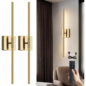 Battery Operated Wall Sconces Set of 2, Battery Wall Sconce with Remote Control,350Rotate, LED Rechargeable Sconces,3000K-6000K Wireless Wall Light for Bedroom, Living Room, Hallway (Gold,28Inch)