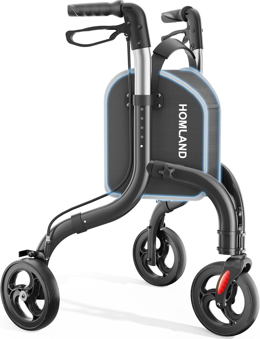 HOMLAND 3 Wheel Walkers for Seniors, Lightweight Foldable Aluminum Three Wheel Walker, Height Adjustable Compact Rollator Walker with Removable Storage Bag