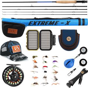 Maxcatch Extreme-X Fly Fishing Rod and Reel Combo, 3-8wt Complete Starter Fishing Outfit with Fly Box, Flies, Rod Clip Holder, Rod Case, Extra Tip Section (6wt-9' 4pc Rod, 5/6wt Reel)