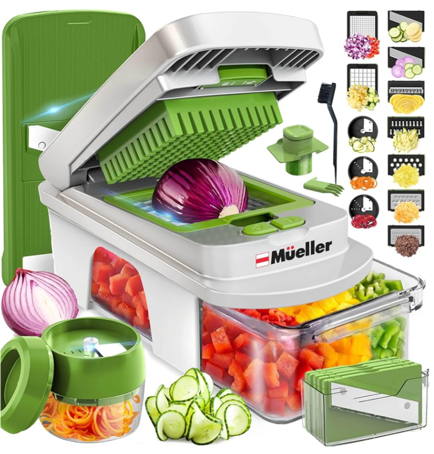 Mueller Pro-Series 10-in-1, 8 Blade Vegetable Chopper, Mandoline Slicer, Onion Mincer, Cutter, Dicer, Veggie Chopper with Container, Kitchen Essentials & Gadgets, House Warming Gifts New Home, Green