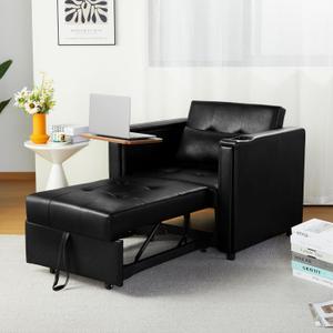 ORRD Convertible Chair Bed, 3-in-1 Multi-Functional Faux Leather Sleeper Sofa Pull-Out Couch Chair Bed with Adjustable Backrest and Hidden Side Table for Living Room, Small Space, Apartment (Black)