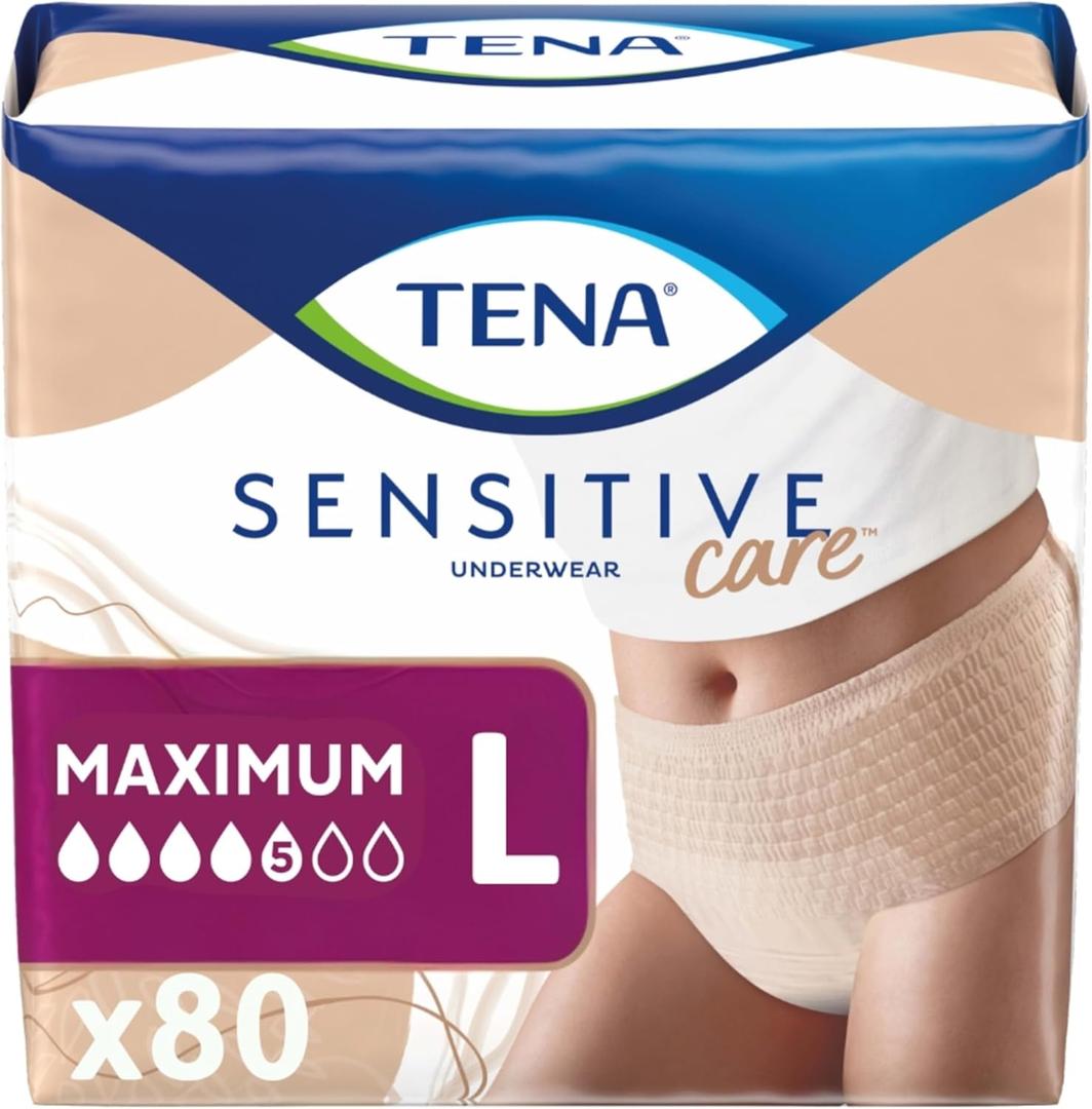 TENA Sensitive Care Adult Incontinence Underwear for Women, Maximum, Large, Beige, Disposable, 80 Count (4 Packs of 20)