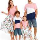 PATPAT Family Matching Outfits Mommy and Me Outfits Floral Dress & Tee Sets | Couples Matching Outfits, Women Girl Flutter Sleeve Dress, Men Boy Cotton Blend T-shirts, Beach Vacation, Family Photoshoot (Pink, XL)