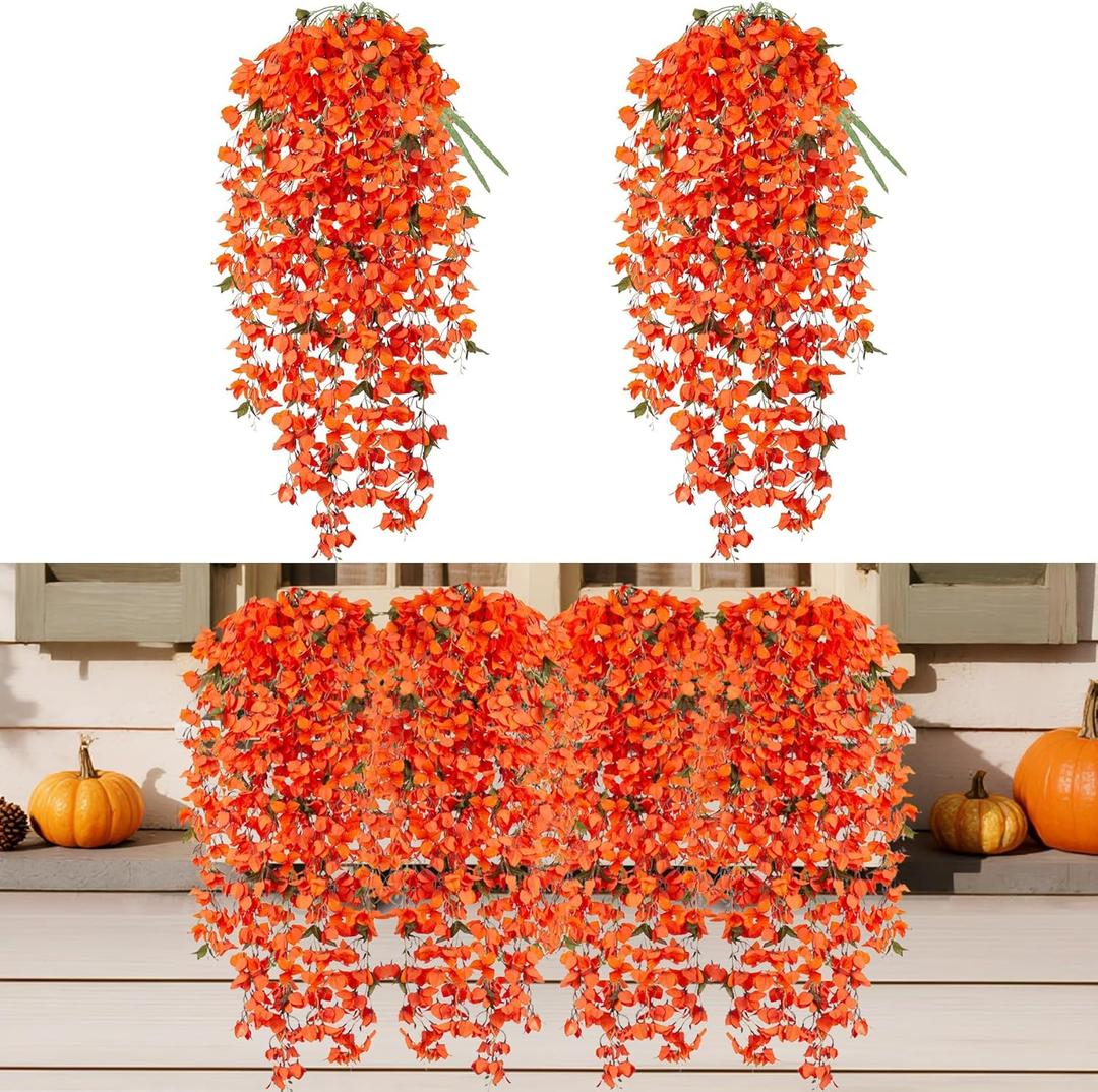 2 PCS Artificial Fake Bougainvillea Bouquet Flowers Fall Decor for Outdoors,49 inches Fall Faux Silk Flowers Vines for Home Centerpieces Outside Garden Wall Yard Indoor Table Autumn Decoration , Orange 