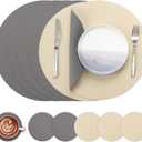 Myir JUN Round Placemats Set of 6 Faux Leather Place Mats and Coasters 15 inch Round Table Mats Dual Sided Non-Slip Stain Resistant Placemats (Gray & Wheat, Set of 6)