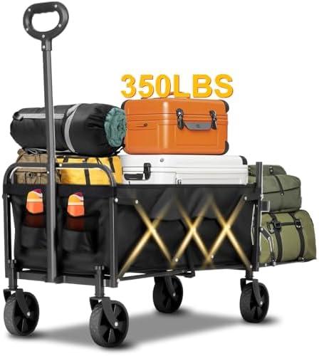 Folding Camping Wagon with Extended Tailgate, Portable Lightweight Utility Cart with Wheels, 350LBS Capacity Collapsible Beach Wagon for Outdoor, Groceries, Picnic, Travel - Compact & Easy Storage Black
