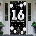 16th Birthday Decorations for Boys Girls - Fabric 16 Year Old Birthday Backdrop Banner, Yard Sign, Photo Props, Door Decor - Black White Silver Birthday Party Supplies for Outdoor Indoor