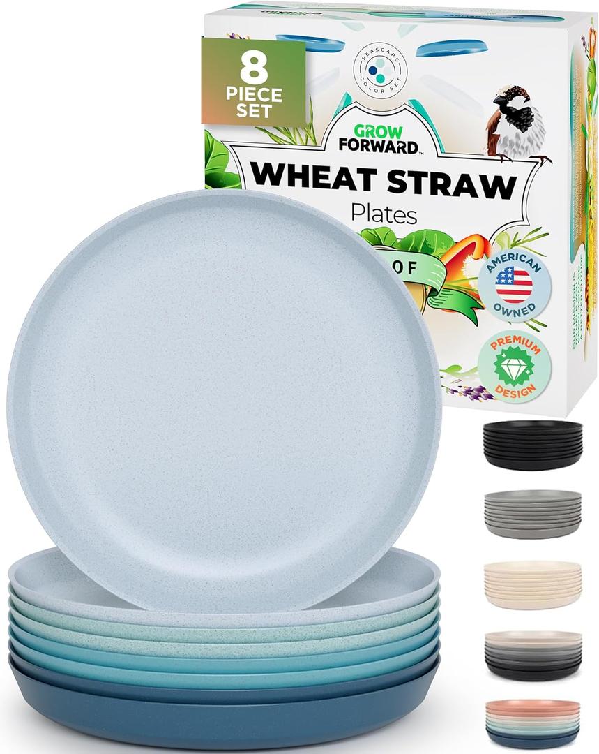 Grow Forward Premium Wheat Straw Plates - 10 Inch Reusable Hard Plastic Dinner Plates Set of 8 - Unbreakable Microwave Safe Plates for Dessert, Camping, RV, Outdoors, Patio, Kitchen Dishes - Seascape