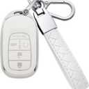 for Honda Key Fob Cover 5 Button Soft TPU with Leather Keychain 360 Degree Protection Key Case Shell Holder Fits for 2022 2023 2024 Honda Accord Civic HR-V CR-V Pilot Odyssey, B White