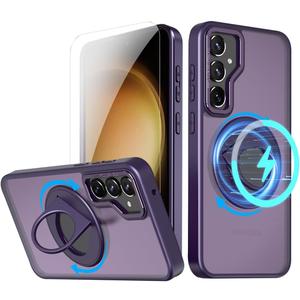 NKECXKJ Design for Samsung Galaxy S23 5G Phone Case [Compatible with Magsafe] with Tempered Glass Screen Protector Wireless Charging 360 Rotatable Invisible Kickstand Protective Cover for Men Purple
