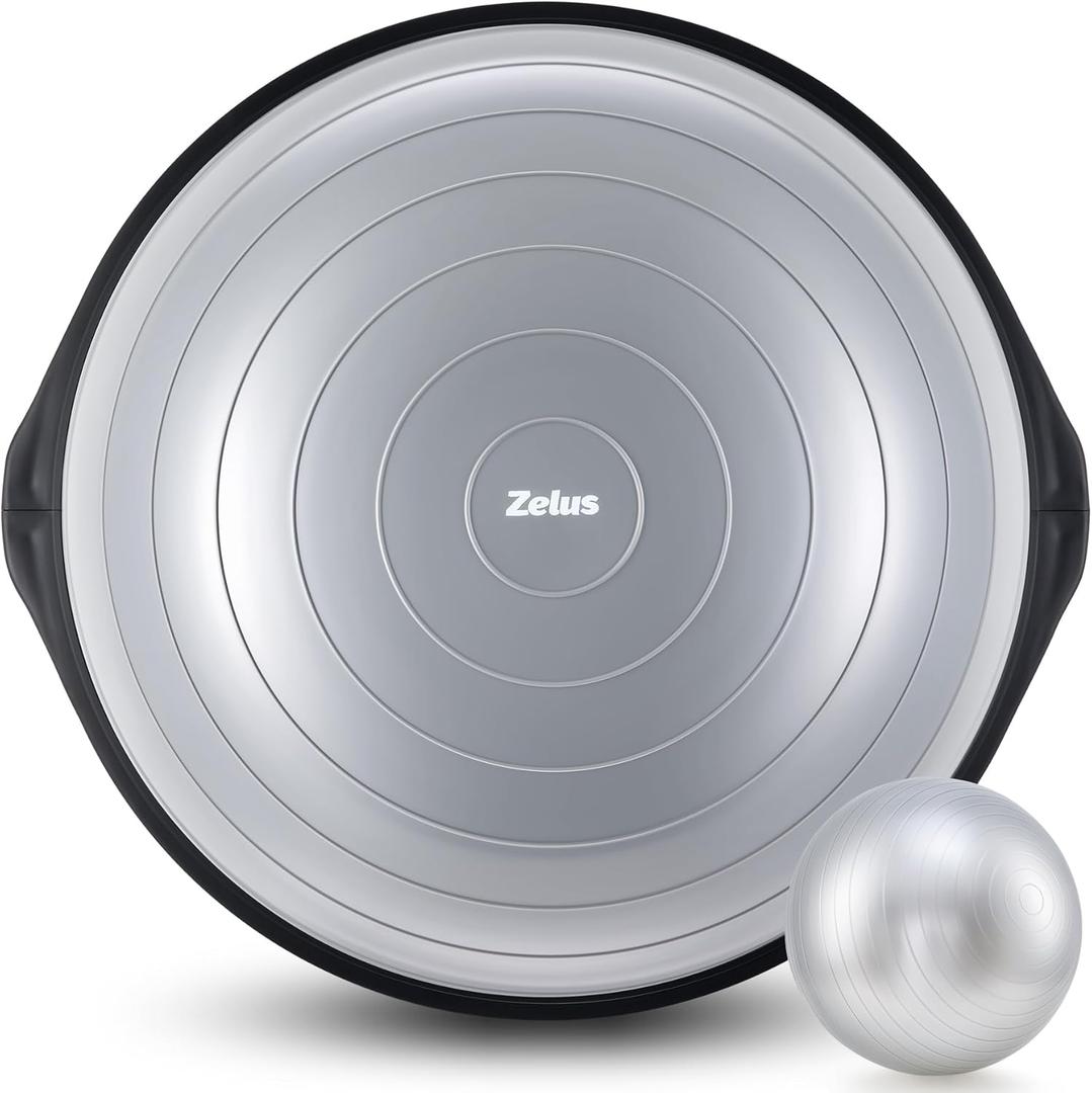 ZELUS 25in. Balance Ball | 660lb Inflatable Half Exercise Ball Wobble Board Balance Trainer w Nonslip Base | Half Yoga Ball Strength Training Equipment w 2 Bands, Pump, Extra Ball Included (Gray)