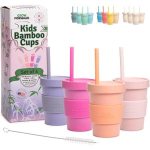 Grow Forward Bamboo Kids Cups with Lids and Straws - 10oz Drinking Cups for Kids with Childproof Twist Lids & Silicone Straws - Eco Friendly, BPA Free, Non Toxic & Dishwasher Safe - Floral