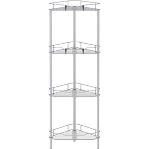 HuggieGems 4 Tier Floor Standing Corner Shower Caddy Organizer Shelf with Hooks, Bathroom Shelves Stand Rack, Silver