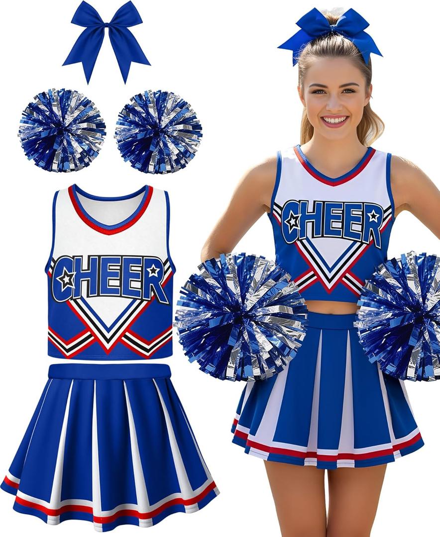 JenPen Women's Cheerleader Costume Halloween High School Cheerleading Outfit Musical Cheer Uniform Hair Bow Pom Pom (Medium, Blue)