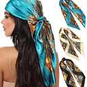 AWAYTR 35” Large Square Satin Head Scarf - 2Pcs Hair/ Neck Scarves Bandana Beach Silk Feeling Headscarf for Women Hair Wrap Paisley/Black/Beige)