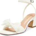 ISNOM Women's Bow Knot Heeled Sandals Ankle Buckle Strap Open Toe Block Chunky Heels Bride Wedding Party Fashion Heel (6.5, White)