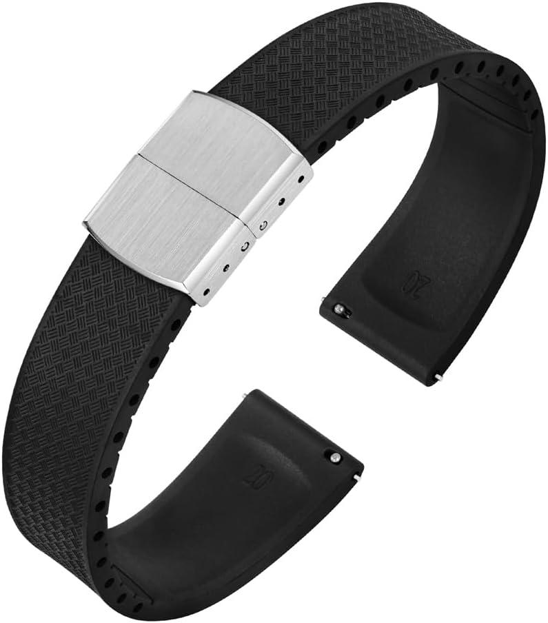 FKM Rubber Watch Strap, Quick Release Fluoroelastomer Watch Band with Stainless Steel Foldover Clasp for Men Women 18mm 19mm 20mm 21mm 22mm (Black)