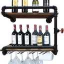 Industrial Wall Mounted Wine Racks with 4 Stem Glass Holder,24inch Rustic Metal Hanging Wine Holder Glass Rack,2-Tiers Floating Bar Shelves Bottle Holder Storage Shelves,Wood Shelves Wall Shelf