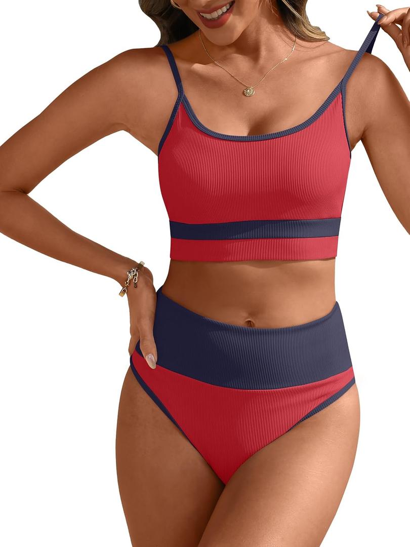 ANRABESS Women High Waisted Bikini Sets Color Block Summer Beach Vacation 2 Piece Bathing Suit Tummy Control Ribbed Swimsuit, Large