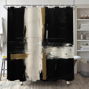 Modern Abstract Shower Curtain for Bathroom, Black White Brown Boho Shower Curtain Set, Brush Strokes Oil Painting Fabric Waterproof Bathroom Decor with 12 Hooks 72x72in YLATY1083