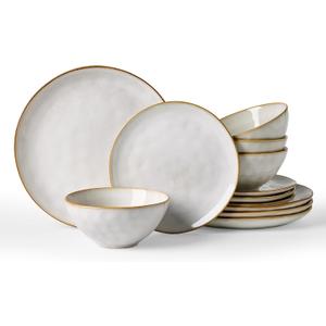 Famiware Dinnerware Sets for 4, Ocean Round 12-Piece Kitchen Plates and Bowls Sets, Reactive Glaze, Microwave and Dishwasher Safe, Scratch Resistant, Cappuccino White