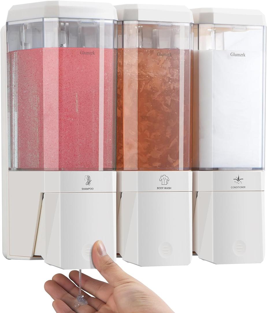 Shampoo and Conditioner Dispenser 3 Chamber No Drill Shampoo Dispenser for Shower Wall Mounted Shower Soap Dispenser 3 * 500ml Refillable Shower Dispenser for Bathroom Hotel (Cream White 3 Chamber)