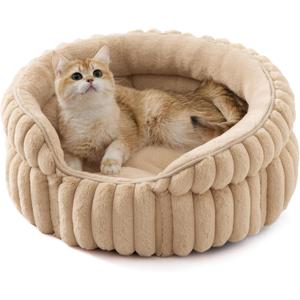 Bedsure ComfyFleece Cat Bed, Washable Round Cute Pet Beds for Indoor Cats, Super Soft Corduroy Kitten Bed with Anti-Slip Bottom, 20''x20''x8'', Sandy Beige