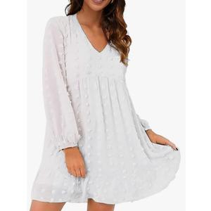 Blooming Jelly Womens White Dresses Flowy Babydoll Dress Chiffon Long Sleeve V Neck Cute Mini Tunic Dress Size Medium