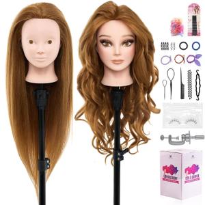 28" Mannequin Head Human Hair - 80% Real Hair Mannequin Head for Makeup Practice, Cosmetology Manikin Doll Head for Hair Styling, Hairdressing Training Head for Braiding #27 (Golden Brown #27)