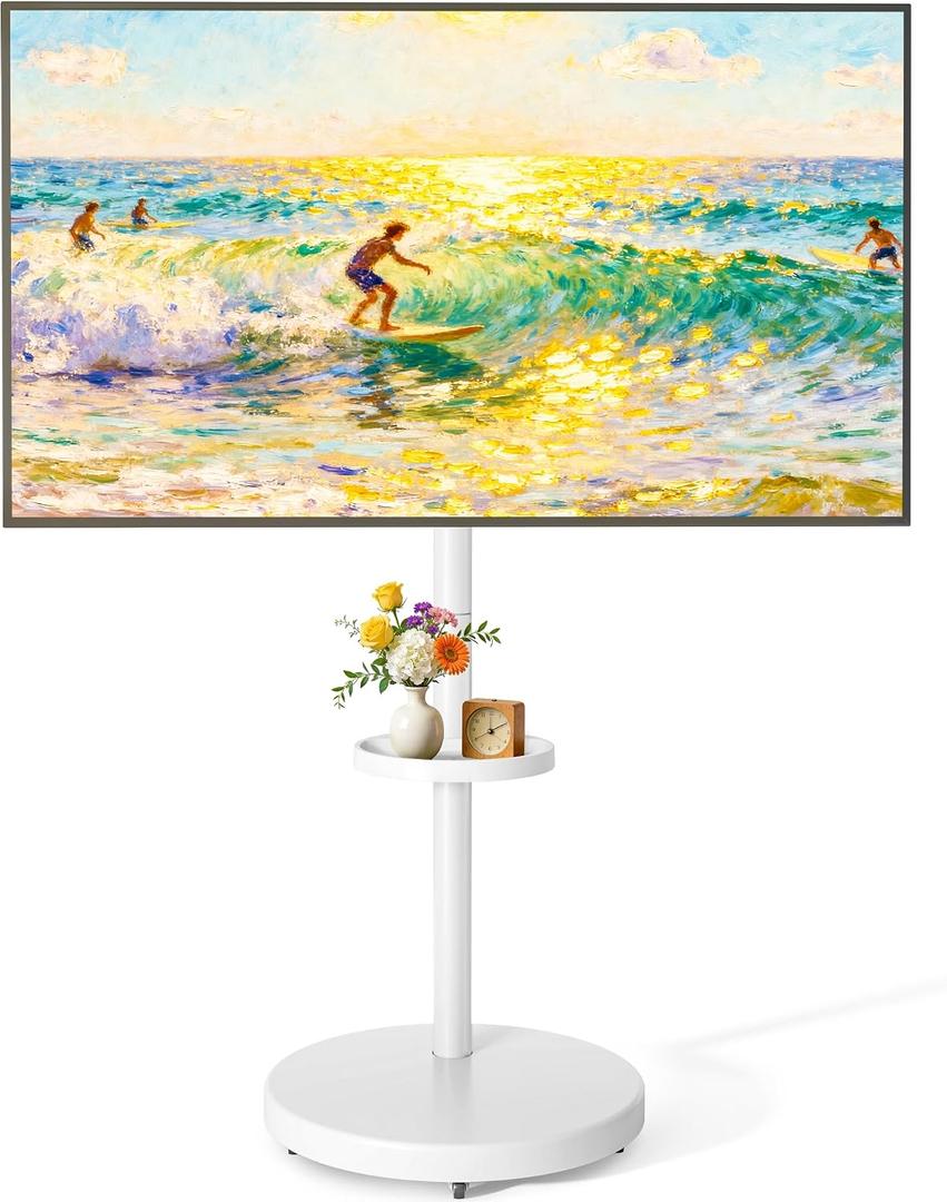 Rolling TV Stand for 32-65" TVs, 88 lbs, White | Portrait or landscape mobile TV cart, adjustable storage box, shelf, height and tilt, VESA up to 400x400