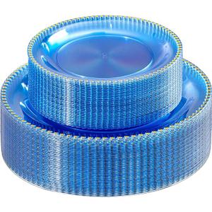 Rubtlamp 60Pcs Blue Gold Plastic Plates, Clear Disposable Plates With Gold Beaded, Clear Fancy Disposable Plates Include 30 Dessert Platos, 30 Dinner Platos for Wedding Party